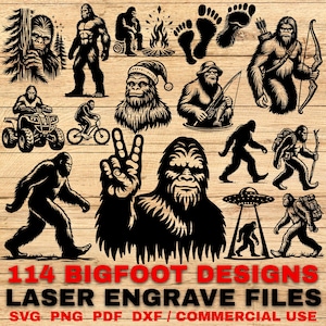Op de afbeelding: Een verzameling van 114 Bigfoot-ontwerpen in zwart, inclusief illustraties van het wezen in verschillende poses, met een vredesteken en met pijl en boog. De tekst "114 BIGFOOT DESIGNS LASER ENGRAVE FILES SVG PNG PDF DXF / COMMERCIAL USE" wordt in het rood weergegeven.