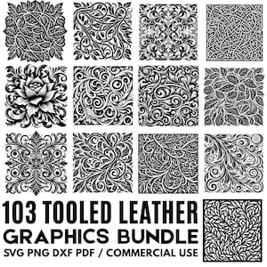 Pode incluir: Uma coleção de designs gráficos em preto e branco com padrões florais e abstratos. Os designs quadrados apresentam motivos de folhas, redemoinhos e simétricos. O texto na parte inferior diz "103 Tooled Leather Graphics Bundle".