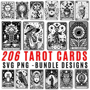 Paquete SVG de cartas del tarot, archivos de corte de imágenes prediseñadas místicas, PNG SVG para Cricut, símbolos espirituales de brujas, diseños esotéricos, uso comercial