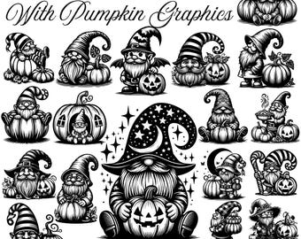 May include: A black and white digital art bundle featuring 108 gnome designs with pumpkin graphics. The gnomes are depicted in various poses, wearing hats and holding pumpkins. The text includes "108 GNOME SVG BUNDLE" and file type information.
