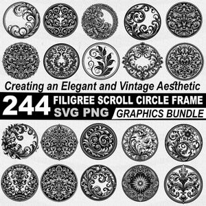 Op de afbeelding: Een set van 244 zwarte en witte ingewikkelde scrollcirkel frames. De frames zijn in verschillende ontwerpen, allemaal met een vintage esthetiek. De frames zijn perfect om een ​​toets van elegantie toe te voegen aan elk project.