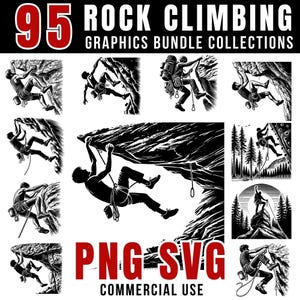 May include: A set of 95 black and white illustrations of rock climbers. The illustrations are in a vintage style and feature various poses and scenes. The text "PNG-SVG COMMERCIAL USE" is at the bottom of the image.