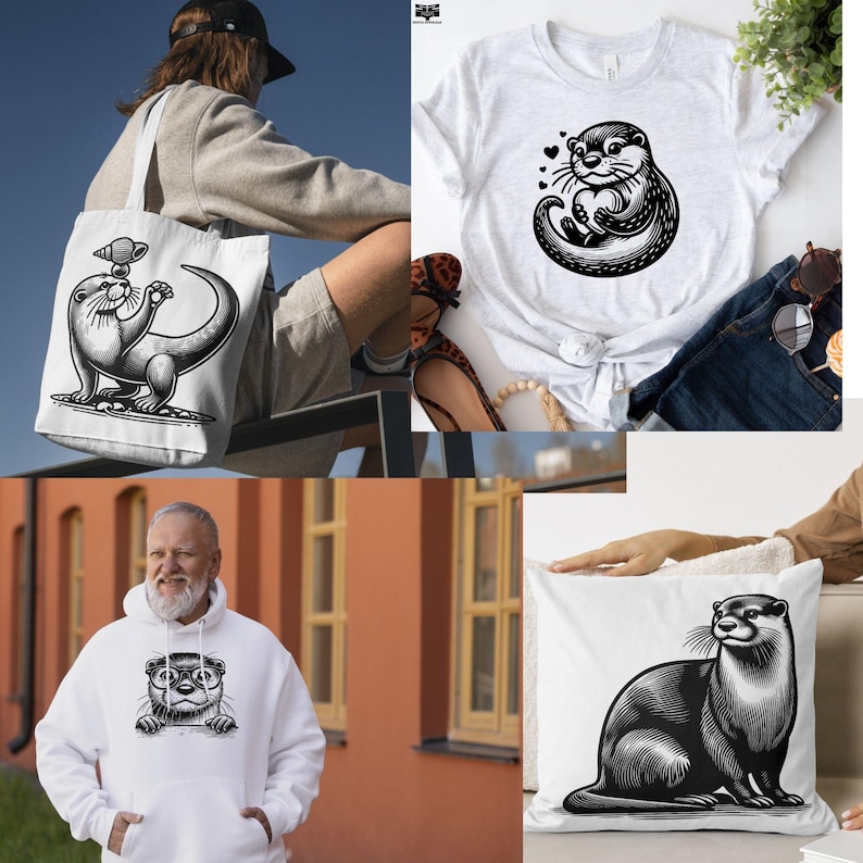 Puede incluir: Un conjunto de cuatro bolsas de tela blancas, camisetas y fundas de coj&iacute;n con ilustraciones de nutrias en blanco y negro. Las bolsas de tela tienen una ilustraci&oacute;n de nutria en blanco y negro con una concha en la cabeza. Las camisetas tienen una ilustraci&oacute;n de nutria en blanco y negro con corazones sobre su cabeza. Las fundas de coj&iacute;n tienen una ilustraci&oacute;n de nutria en blanco y negro con un dise&ntilde;o simple.