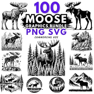 Moose Art SVG and PNG Bundle, Wildlife Forest Scene Cut Files for Cricut & Silhouette, Moose Hunting svg, Moose mountain svg, Commercial use