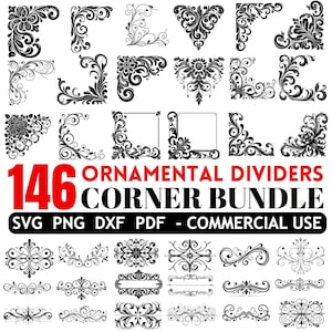 Paquete de archivos SVG de separadores ornamentales, marco de esquina con borde decorativo, archivos para uso comercial.