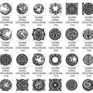 Puede incluir: Una colecci&oacute;n de dise&ntilde;os gr&aacute;ficos en blanco y negro que presentan varios patrones intrincados de marcos circulares con volutas de filigrana. Cada baldosa cuadrada individual muestra un motivo ornamental &uacute;nico con l&iacute;neas detalladas.
