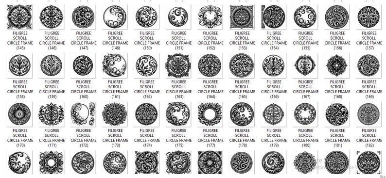 Puede incluir: Una colecci&oacute;n de dise&ntilde;os gr&aacute;ficos en blanco y negro que presentan varios patrones intrincados de marcos circulares con volutas de filigrana. Cada baldosa cuadrada individual muestra un motivo ornamental &uacute;nico con l&iacute;neas detalladas.