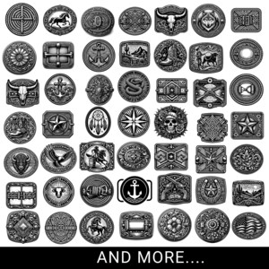 Puede incluir: Una colecci&oacute;n de hebillas de cintur&oacute;n de metal en blanco y negro con varios dise&ntilde;os, incluyendo caballos, anclas, calaveras y patrones florales. Las hebillas son redondas, ovaladas y rectangulares, con detalles intrincados. El texto "AND MORE...." est&aacute; en la parte inferior.
