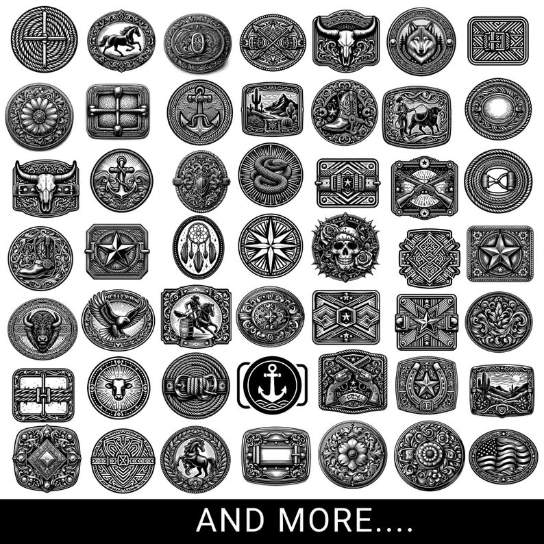 Puede incluir: Una colecci&oacute;n de hebillas de cintur&oacute;n de metal en blanco y negro con varios dise&ntilde;os, incluyendo caballos, anclas, calaveras y patrones florales. Las hebillas son redondas, ovaladas y rectangulares, con detalles intrincados. El texto "AND MORE...." est&aacute; en la parte inferior.