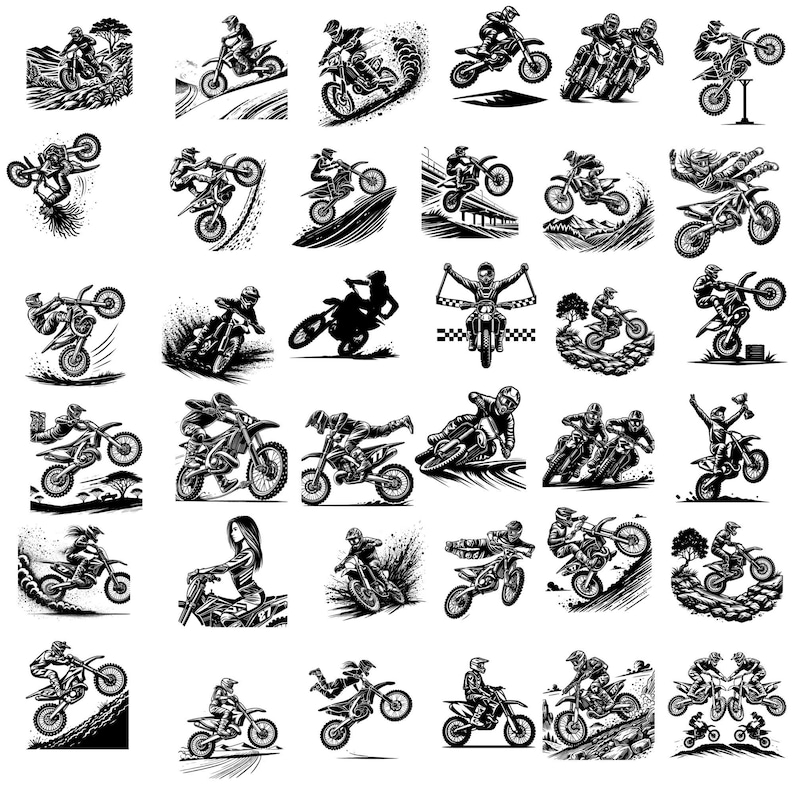 May include: A collection of 36 black and white illustrations of motocross riders in various poses and settings. The riders are depicted on dirt bikes, performing jumps, turns, and other manoeuvres. The illustrations are in a vintage style, with a focus on detail and realism.