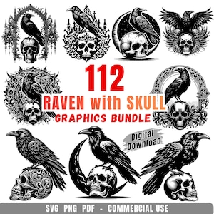 Puede incluir: Una colección de gráficos de cuervos y calaveras en blanco y negro. El texto dice "112 Raven with Skull Graphics Bundle" y "Digital Download". Las imágenes están en formatos SVG, PNG y PDF, para uso comercial.