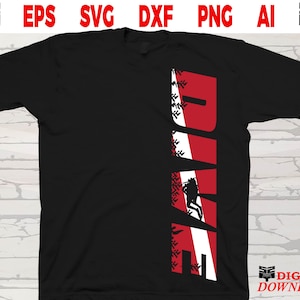 Puede incluir: Camiseta negra con un diseño vertical en rojo y blanco que deletrea la palabra "DIVE". El diseño incluye una silueta de una persona buceando. La parte superior de la camiseta tiene las palabras "EPS SVG DXF PNG AI".
