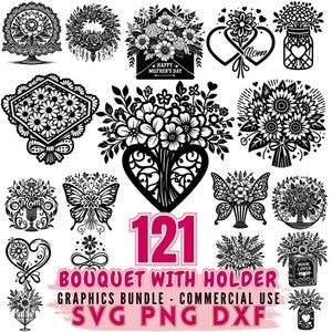 Bouquet with Holder Bundle, Flower Wrap SVG, Floral Bouquet Cut Files, PNG DXF Cricut Clipart, Wedding Bouquet, Commercial Use