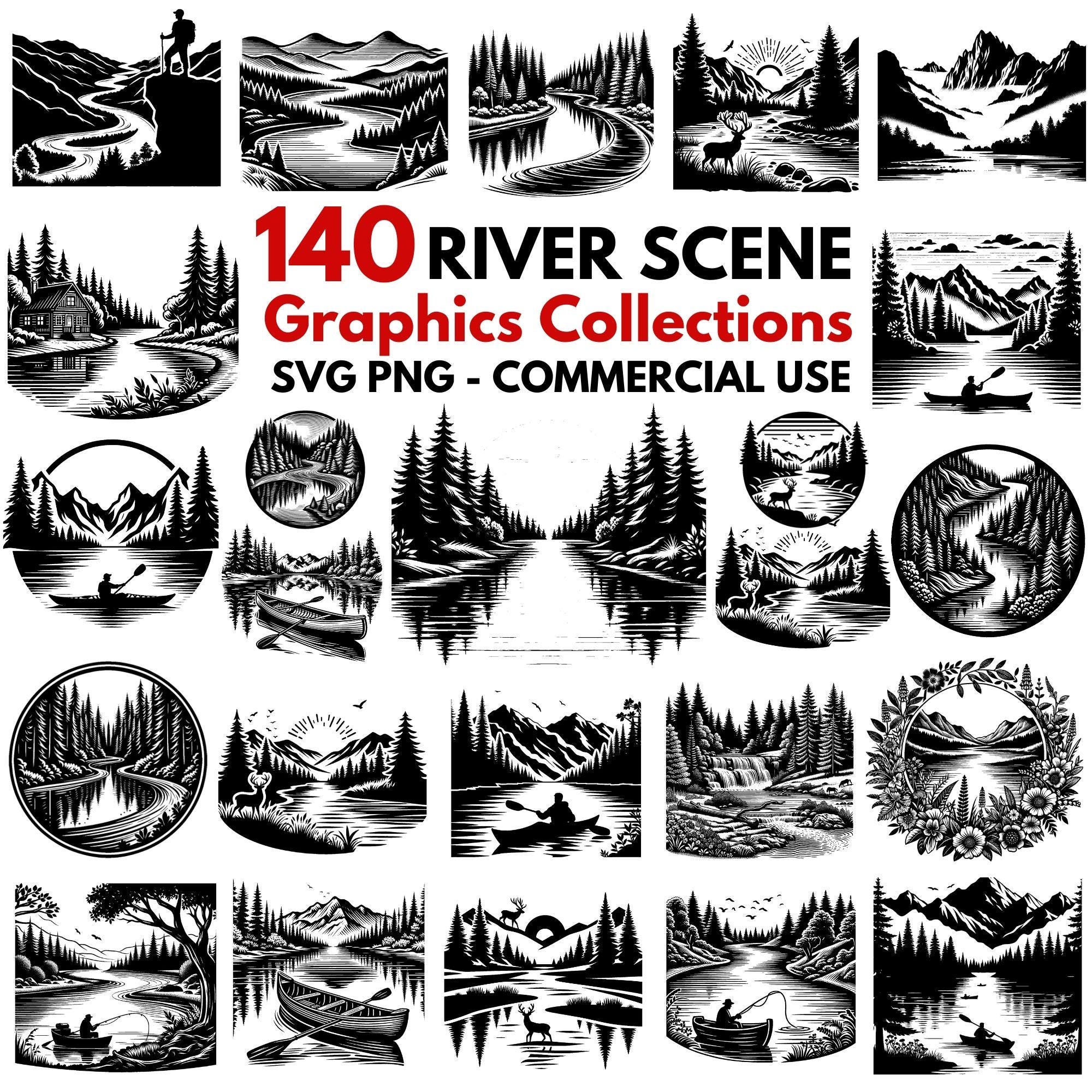 River Scene SVG and PNG Bundle, Nature Landscape Cut Files, Forest Lake ...