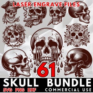 Schedel graveren SVG-bundel | schedelstempels graveren | Skelet PNG-afbeeldingen | Lasergravure DXF | schedel-svg, commercieel gebruik