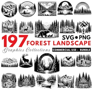 Peut inclure: Une collection de 197 illustrations de paysages forestiers en noir et blanc. Les illustrations présentent des arbres, des montagnes, des rivières et d'autres éléments naturels. Le texte "SVG PNG 197 FOREST LANDSCAPE Graphics Collections COMMERCIAL USE - BUNDLE" est affiché en bas de l'image.