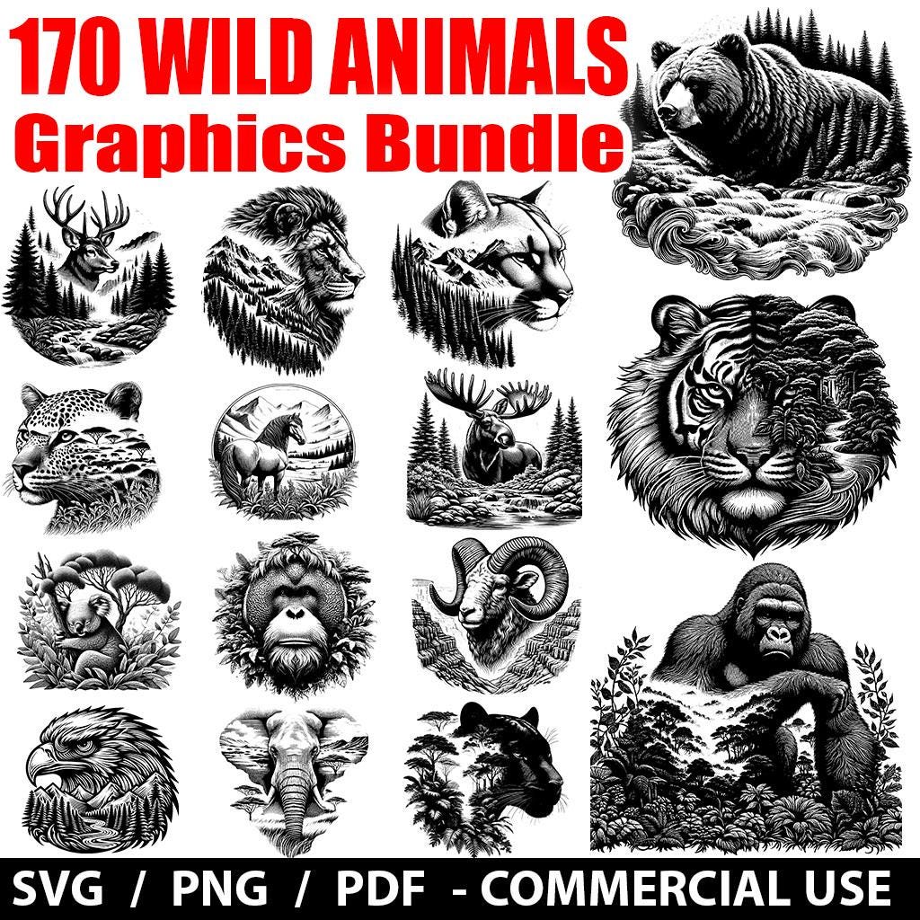 Wild Animals Vector Bundle | Wildlife Double Exposure Engraving Designs ...