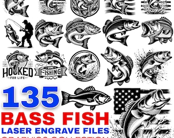 Bass Fish Laser Engraving SVG Bundle | Fishing Laser Cut Files, Bass Fish Outline Engrave Designs, Fisherman Laser SVG for Glowforge & CNC
