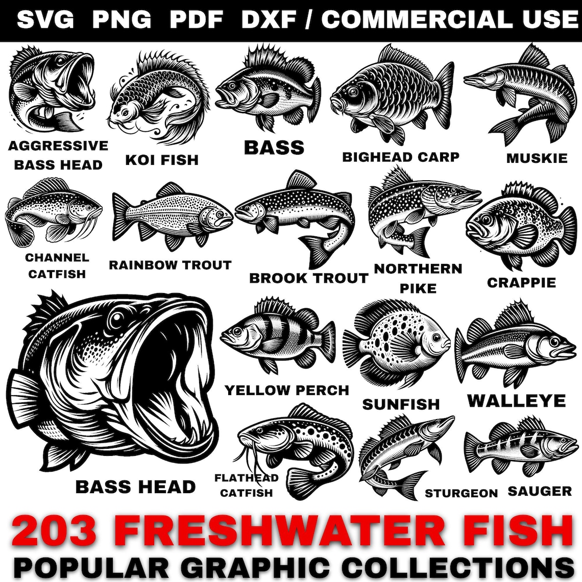 Fish Mask Svg Freshwater Fish SVG Bundle, Bass Trout Carp Pike Cut Files, Fishing SVG ...