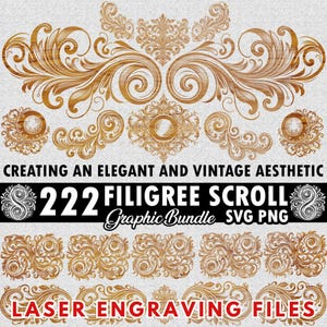May include: A set of 222 intricate filigree scroll designs in SVG and PNG format. The designs are perfect for laser engraving and creating an elegant and vintage aesthetic.