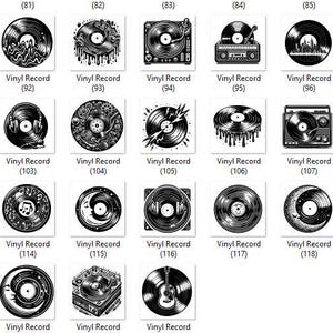 May include: A collection of 121 black and white illustrations of vinyl records. The illustrations feature various designs, including musical notes, skulls, and other abstract patterns.