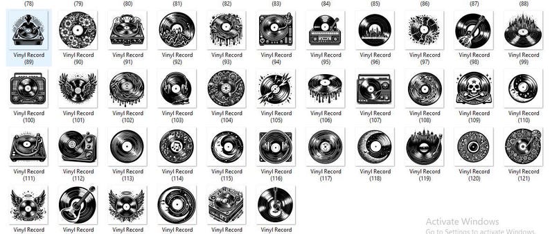 May include: A collection of 121 black and white illustrations of vinyl records. The illustrations feature various designs, including musical notes, skulls, and other abstract patterns.