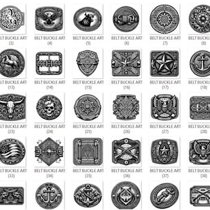 Puede incluir: Colecci&oacute;n de 40 hebillas de cintur&oacute;n met&aacute;licas con varios dise&ntilde;os, incluyendo estrellas, animales y patrones geom&eacute;tricos. Cada hebilla est&aacute; etiquetada con "BELT BUCKLE ART" y un n&uacute;mero. Las hebillas son en tonos plateados y grises.