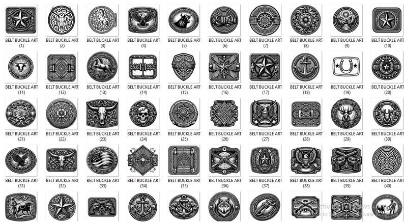 Puede incluir: Colecci&oacute;n de 40 hebillas de cintur&oacute;n met&aacute;licas con varios dise&ntilde;os, incluyendo estrellas, animales y patrones geom&eacute;tricos. Cada hebilla est&aacute; etiquetada con "BELT BUCKLE ART" y un n&uacute;mero. Las hebillas son en tonos plateados y grises.