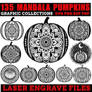 Mandala pumpa lasergravyr SVG-paket | Rustika pumpagravyrfiler för skiffer, trä och glas | Höstmandala-gravyrdesigner