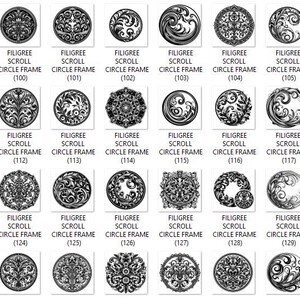 Puede incluir: Una colecci&oacute;n de dise&ntilde;os gr&aacute;ficos circulares en blanco y negro etiquetados como Filigree Scroll Circle Frame con los n&uacute;meros del 97 al 140. Cada baldosa cuadrada presenta un patr&oacute;n sim&eacute;trico &uacute;nico y complejo de l&iacute;neas onduladas y motivos decorativos.