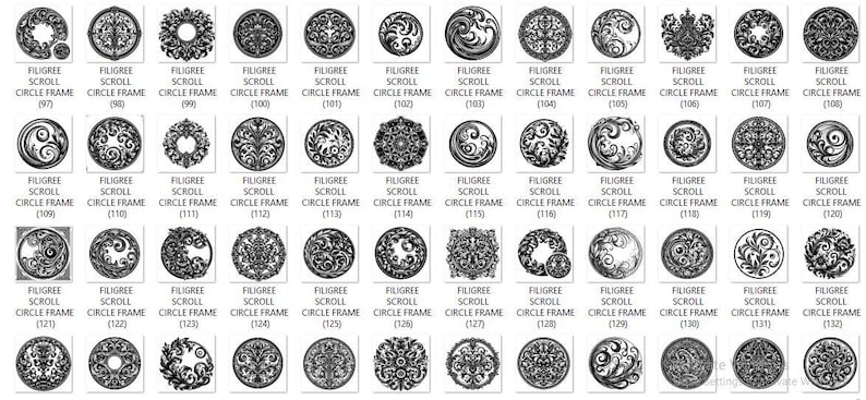 Puede incluir: Una colecci&oacute;n de dise&ntilde;os gr&aacute;ficos circulares en blanco y negro etiquetados como Filigree Scroll Circle Frame con los n&uacute;meros del 97 al 140. Cada baldosa cuadrada presenta un patr&oacute;n sim&eacute;trico &uacute;nico y complejo de l&iacute;neas onduladas y motivos decorativos.
