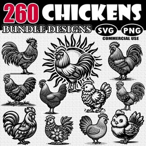 Chicken Bundle Designs SVG, PNG, Rooster svg, Chicken Cut file, Cricut and Silhouette Animals graphic, Chicken Clipart