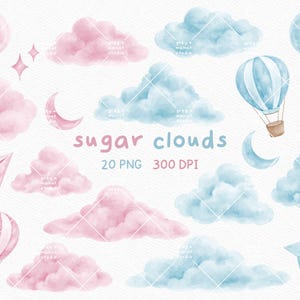Imágenes prediseñadas de nubes rosas y azules, arte de algodón de azúcar, nubes de acuarela, rubor, azul bebé, baby shower png, globo aerostático, luna, estrellas, avión