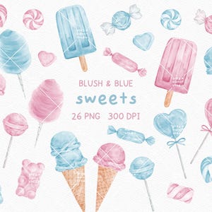 rosa blau bonbons, süßigkeiten, Desserts, Clipart, Aquarell, Zuckerwatte, Lolli, Eistüte, Herzen, pastell, blush, Zucker