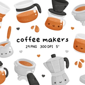 Peut inclure: Un ensemble de 10 cafetières de dessin animé dans différents styles, y compris une presse française, un filtre à café, une cafetière à filtre, une cafetière italienne et une cafetière à filtre. Chaque cafetière a un visage mignon et est remplie de café brun. L'image comprend le texte "coffee makers" et "29 PNG 300 DPI 5".