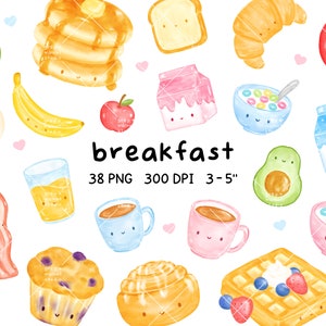 watercolor breakfast clipart, kawaii food, pancakes, waffles, croissant, toast, eggs and bacon, cinnamon roll, back to school, fruits, png