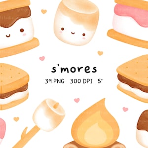 smores clipart, kawaii smores, cute marshmallows, chocolate ice cream, seamless pattern, borders, pink smores, strawberry desserts, colorful