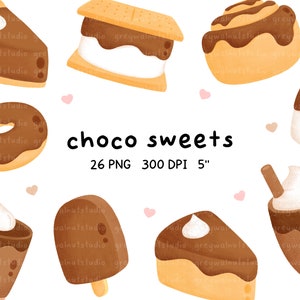 Puede incluir: Un conjunto de 10 ilustraciones digitales de dulces de chocolate, que incluyen una tarta de chocolate, un s'more, una dona de chocolate, una magdalena de chocolate, un cono de helado de chocolate, un batido de chocolate, una barra de chocolate, una galleta de chocolate, un pastel de chocolate y un caramelo de chocolate. Las ilustraciones están en un estilo de dibujos animados y son perfectas para usar en scrapbooking digital, creación de tarjetas y otros proyectos de manualidades.