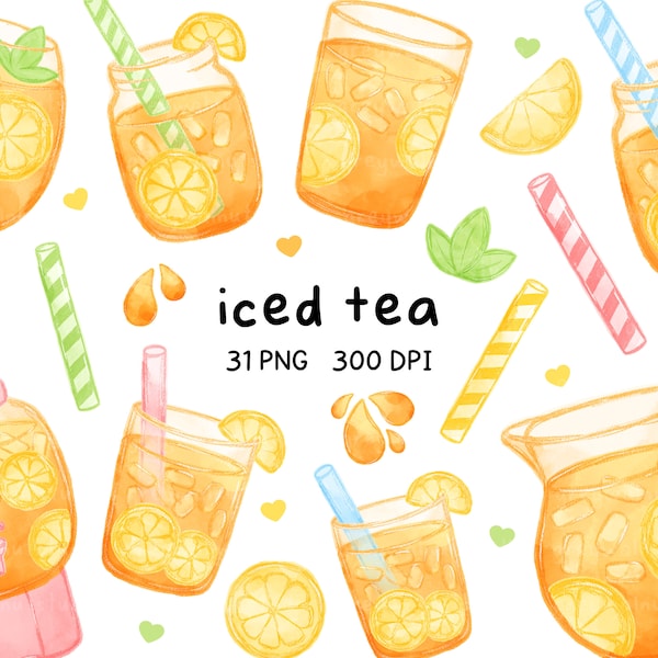 iced tea clipart, lemon, ice tea, watercolor, lemonade, pitcher, dispenser, kawaii tea, straws, glass jar, tea party, summer drinks, png