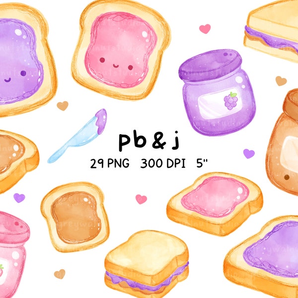 kawaii peanut butter and jelly sandwich clipart, pbj, pb and j, grape, strawberry, watercolor pbj, breakfast, kids lunch, school lunch, png