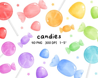 Imágenes prediseñadas de dulces, dulces de acuarela, caramelos, piruleta, gomita, tienda de dulces, arco iris, caramelos gomosos, dulces, ilustración, colorido, fruta, png