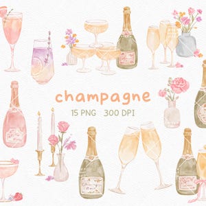 clipart di champagne ad acquerello, mimosa, brindisi, brunch, floreale, cocktail, rosa, candele, composizione, matrimonio, sposa, bar, festa, anniversario