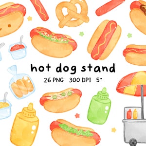 clipart di hot dog, chiosco di hot dog, cibo da fiera, fast food, cibo spazzatura, cibo kawaii, cibo acquerello, pretzel, pranzo scolastico, cibo da ristorante