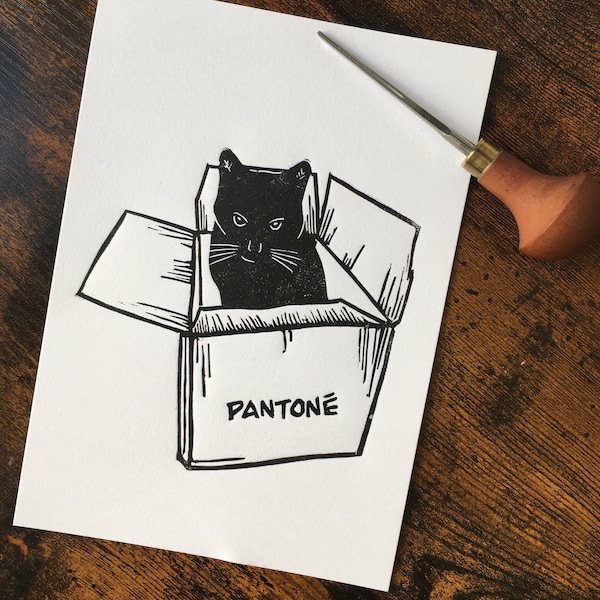 Linogravure Chat Pantoné