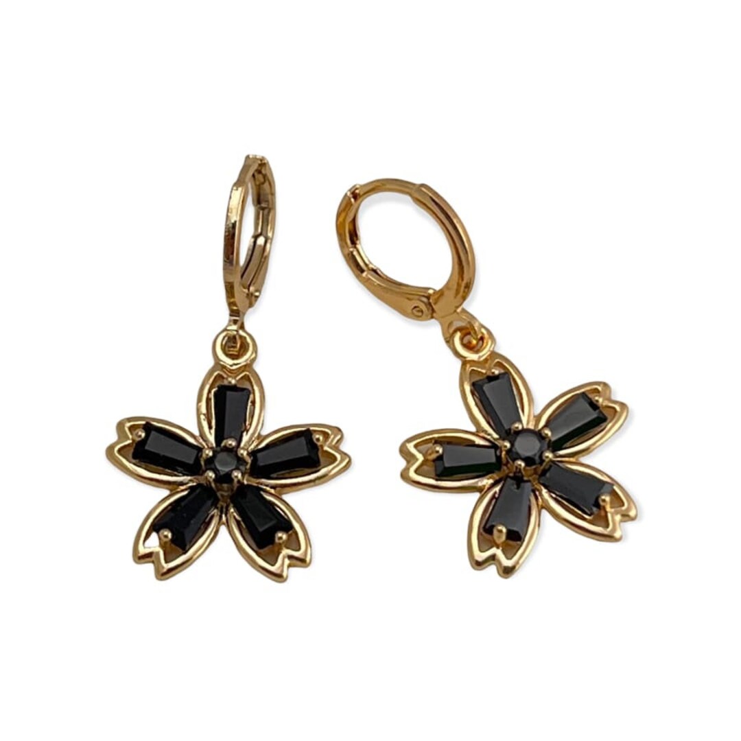 Black Flower Drop Earrings in 18k of Gold Plated Etsy