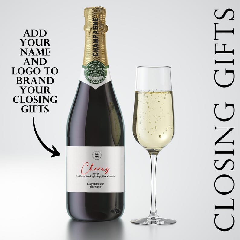 May include: A bottle of champagne with a personalized label that says "Cheers to your New Home, New Beginnings, New Memories." The label also includes the text "Congratulations! Your Name."