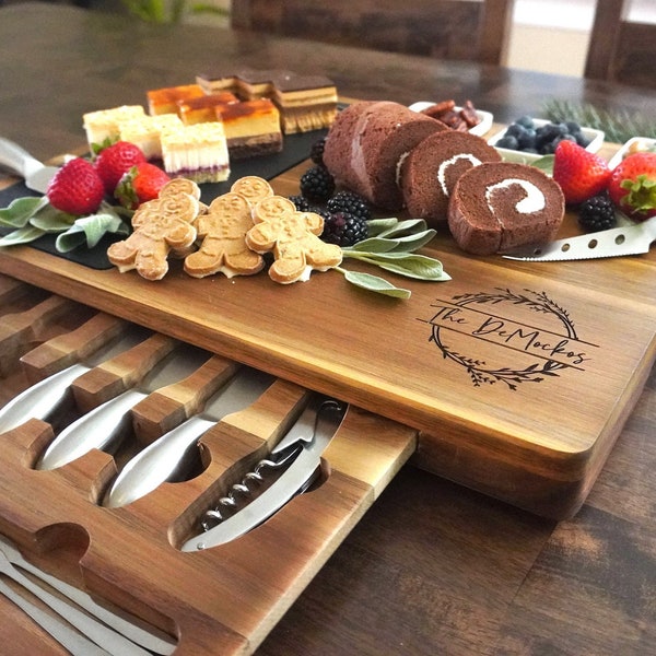 Personalized Charcuterie Board | Acacia wood Cheese board | Custom Charcuterie board set | Wedding Gift | Personalized Christmas Gift