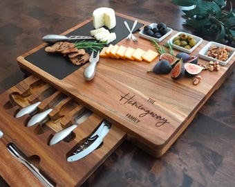 Personalized Acacia Wood Charcuterie Board | Slate, Knives & Bowls