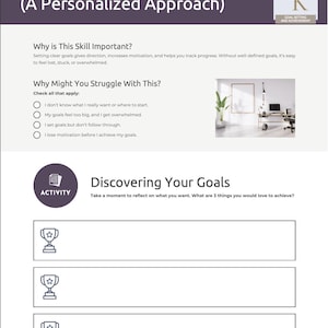 Op de afbeelding: Een wit document getiteld "Setting Goals (A Personalized Approach)" met tekst en afbeeldingen. Het document bevat secties over doelstellingen, vragen en activiteitsprompts. De rechterbovenhoek heeft een logo met de tekst "GOAL SETTING AND ACHIEVEMENT."