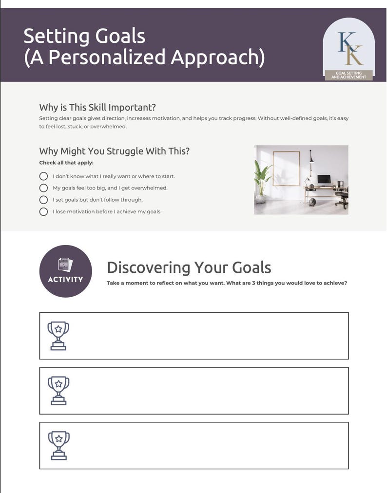 Op de afbeelding: Een wit document getiteld "Setting Goals (A Personalized Approach)" met tekst en afbeeldingen. Het document bevat secties over doelstellingen, vragen en activiteitsprompts. De rechterbovenhoek heeft een logo met de tekst "GOAL SETTING AND ACHIEVEMENT."